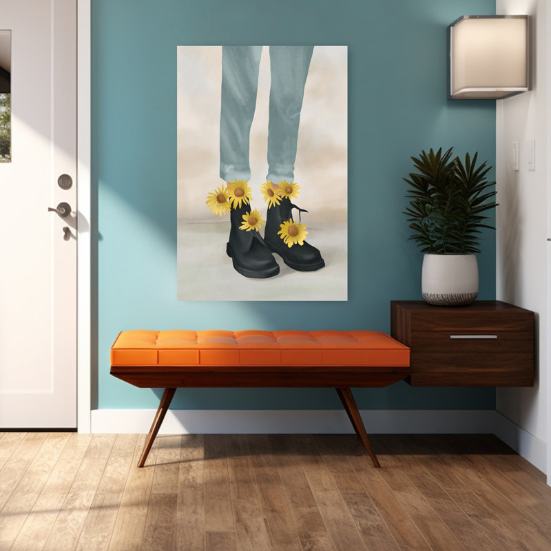 Denim tournesol bottes rustiques fantaisistes tournesol abstrait printemps art mural, H 48 po x l 32 po