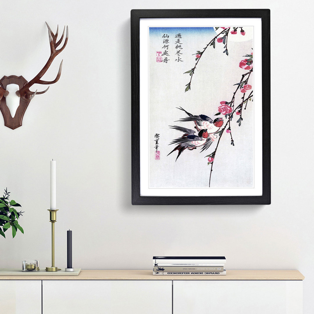 Swallows & Peach Blossom by Utagawa Hiroshige - Framed Print