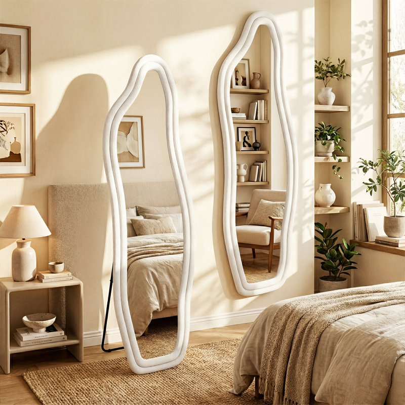 2-in-1 Artsy Wavy Velvet Full Length Dressing Mirror with U-Shaped Stand, Freestanding & Wall-Mounted Fluffy Asymmetrical Floor Mirror, Black, Gold & White