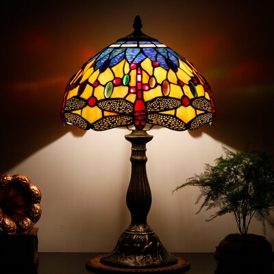 Tiffany Lamp Stained Glass Bedside Table Lamp Orange Blue Dragonfly Style Reading Desk Light 18"" Tall Living Room Bedroom Vintage Banker Boho Victoria -  Bloomsbury Market, B9CCDCE6F25D4D84B937FAC6257B9B97