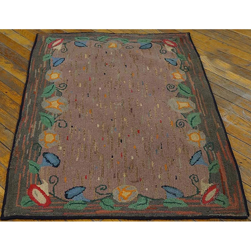 Soft Color Abstract Speckled Field Antique American Floral Border Hooked Rug