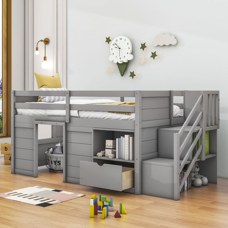 Lit mezzanine simple en bois avec 1 tiroir Jakaleb, gris