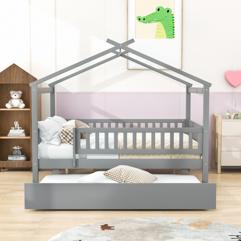 Lit double en bois avec lit gigogne simple, Gris