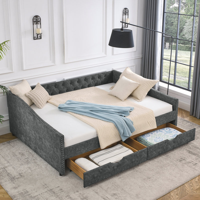 Queen Size Upholstered Tufted Daybed with Storage Drawers, Sofa Bed with Button-Tufted Back, Nailhead Waved Arms Wood Frame, Grey