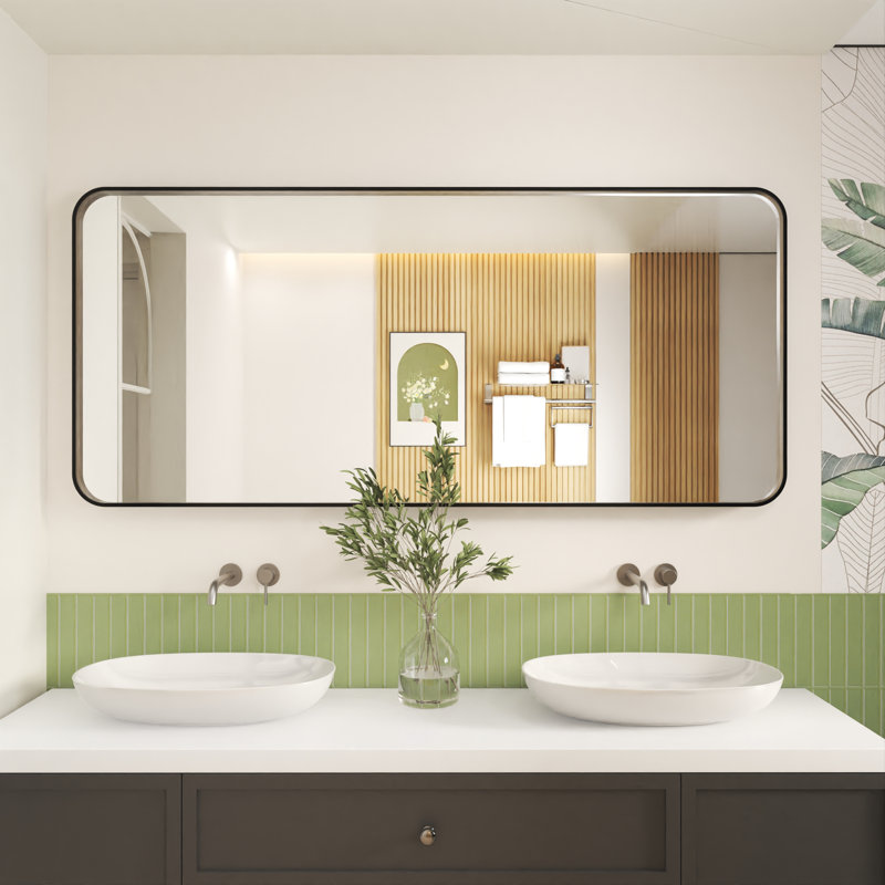Élégant miroir encadré en aluminium avec coin arrondi pour une décoration intérieure élégante, Noir mat, Rectangulaire
