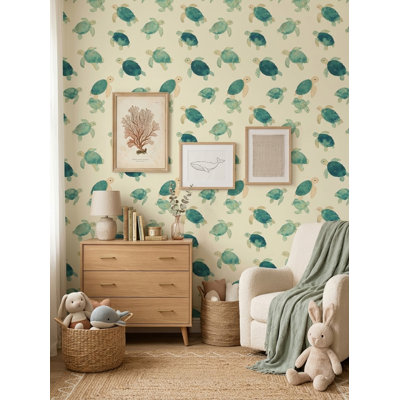 Papier peint tortue marine, motif aquarelle animaux marins, décoration de chambre d'enfant bord de mer