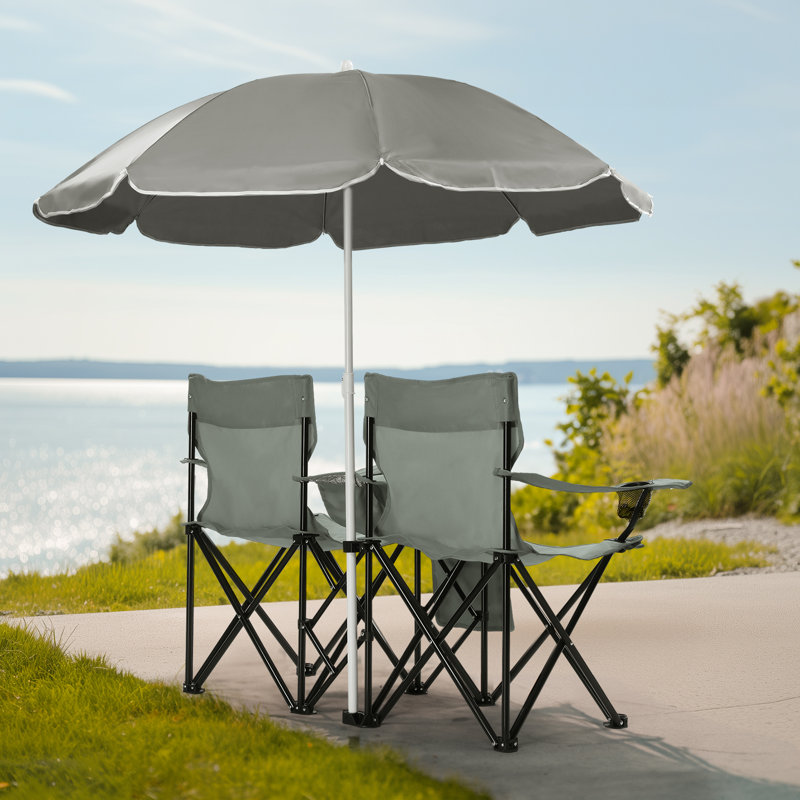 Portable Two Person Fishing Chair With Removable Umbrella, Gray