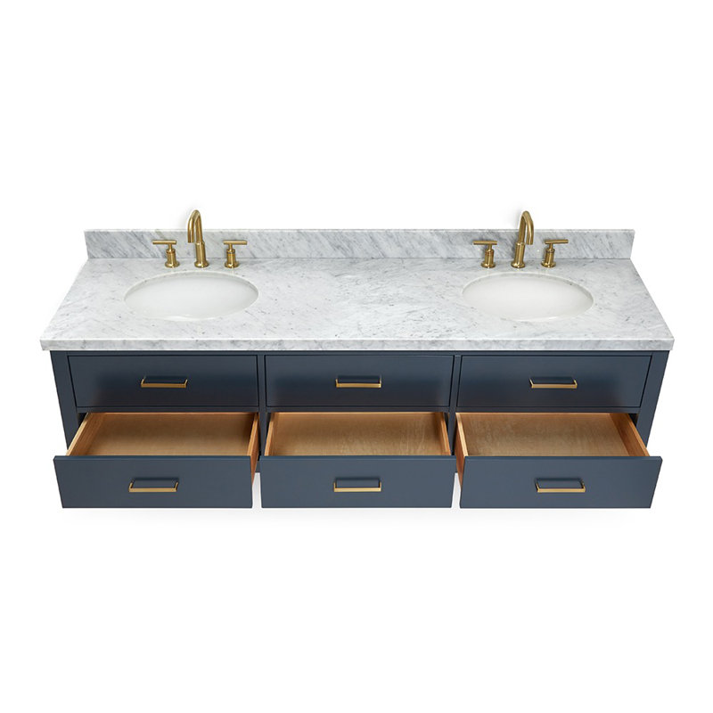 73'' W Double Vanity, Midnight Blue, Satin Brass, Italian Carrara Marble