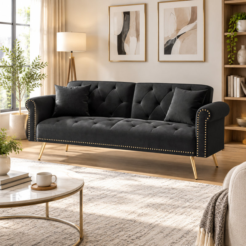 Canapé-lit en velours noir de 177 cm (69,7 pouces) avec garniture cloutée, coussin décoratif assorti et pieds en métal doré.