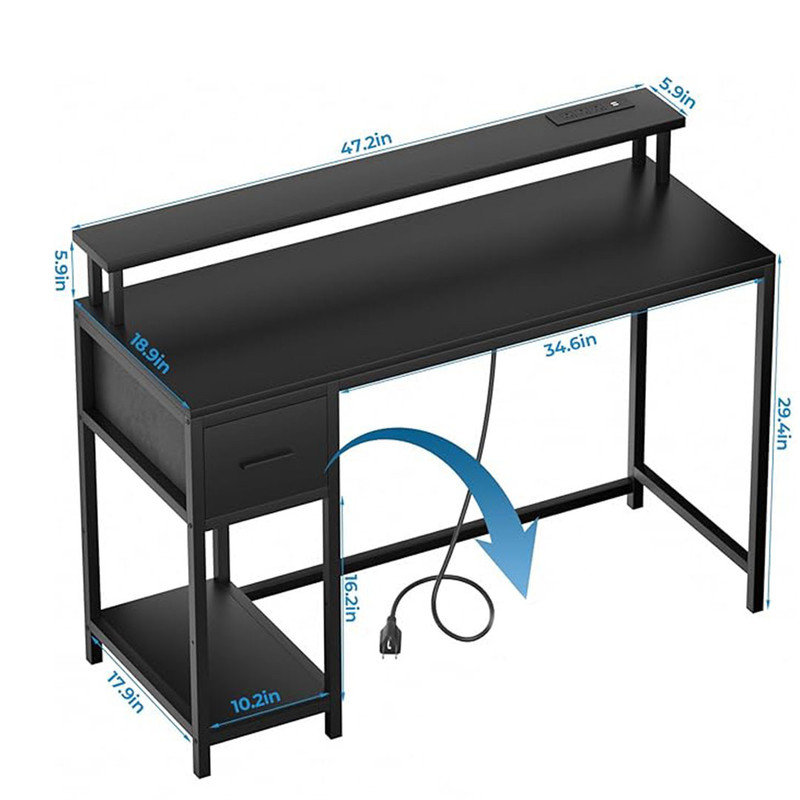 Gaming Desk 47 Inch with LED Lights and Monitor Stand for Small Spaces, Office Desk with Power Outlets, Black