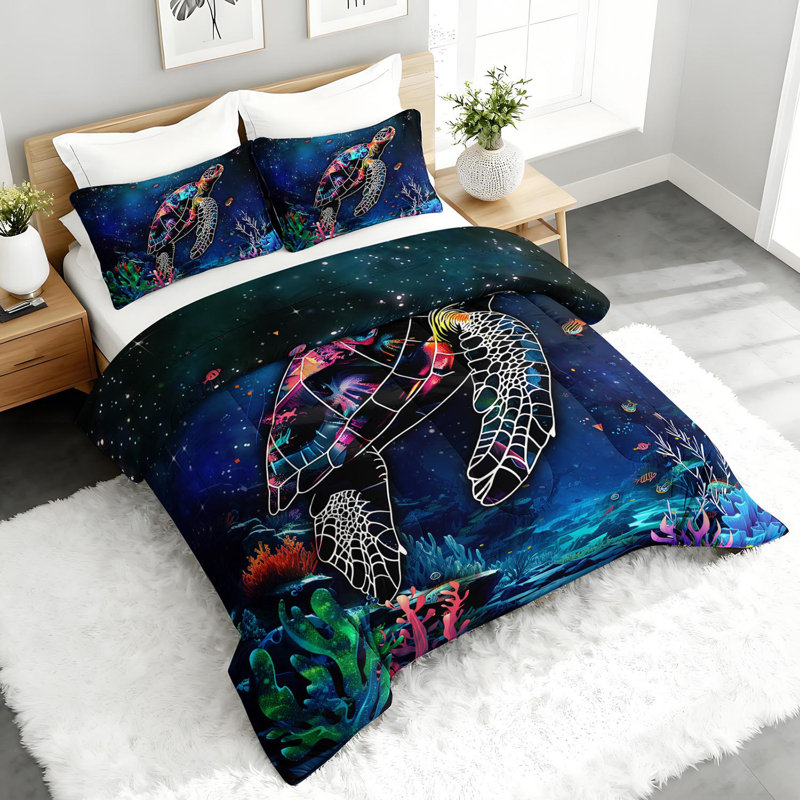 Ensemble d'édredon Ocean Turtle, ensemble de literie Sea Life avec 2 taies d'oreiller, literie douce et lavable à la machine, édredon toutes saisons