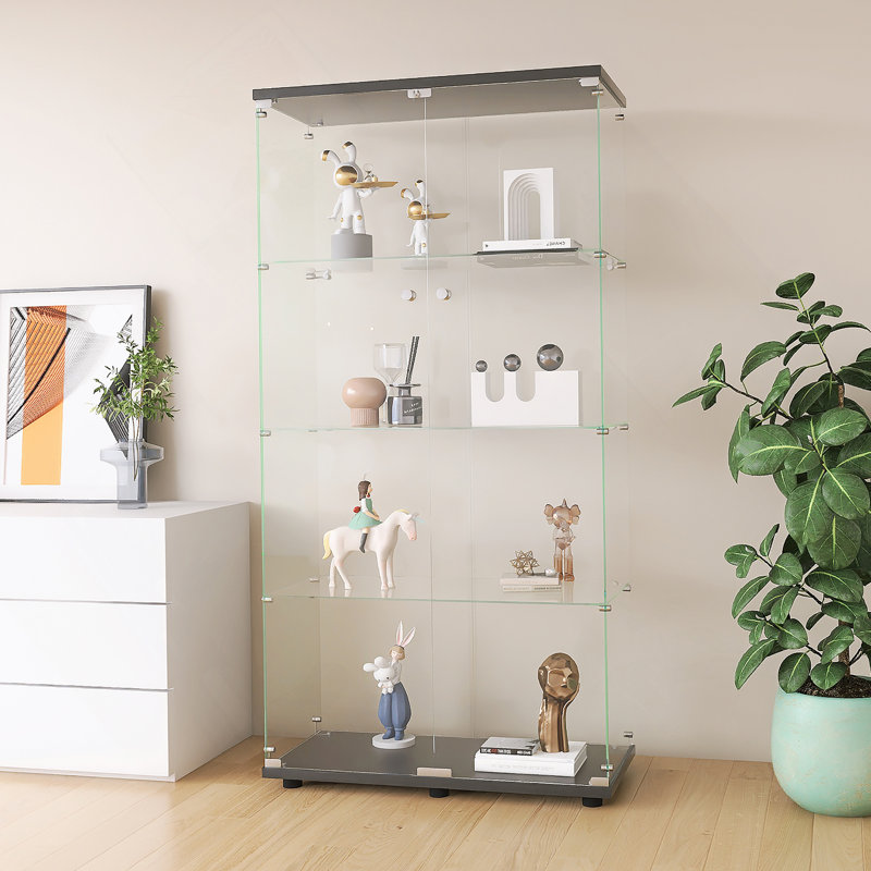 Vitrine à deux portes au sol avec 4 tablettes, parfaite pour mettre en valeur des objets de collection et des décorations à la maison ou au bureau