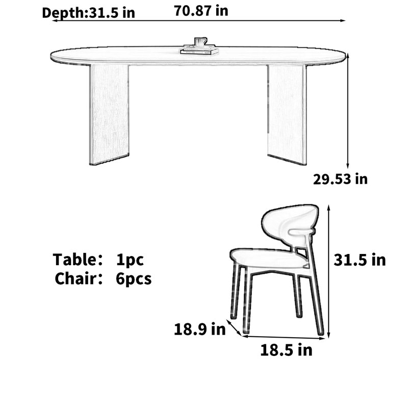Table de salle à manger moderne en pierre frittée de style moderne, H 29,53 po x L 70,87 po x l 31,5 po