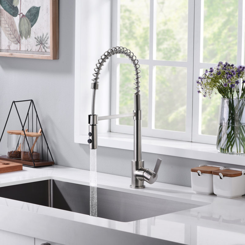 Euro Collection High-Arc Single Handle Kitchen/Bar Faucet with 2-Function Pull-Down Spring Spout Sprayer - Brushed Nickel