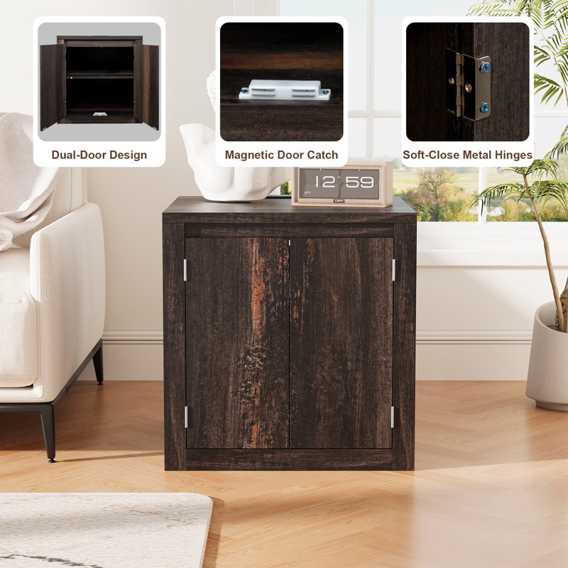 End Table with Charging Station and USB Ports, Modern Bedside Table with Door, Rustic Wood Square Nightstand with Adjustable Storage Shelf for Living Room, Bedroom, Brown