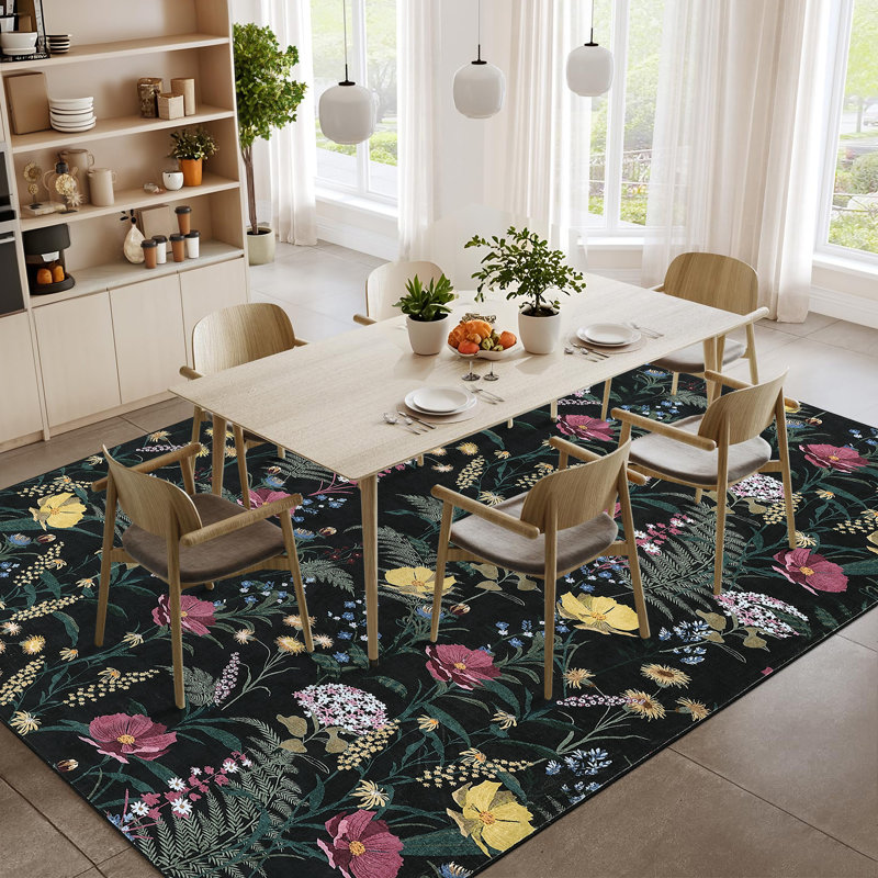 Modern Rug for Living Room Large Floral Printed Floor Carpet, Easy Cleaning Stain-Resistant Contemporary Indoor Mat for Bedroom, Office, Black