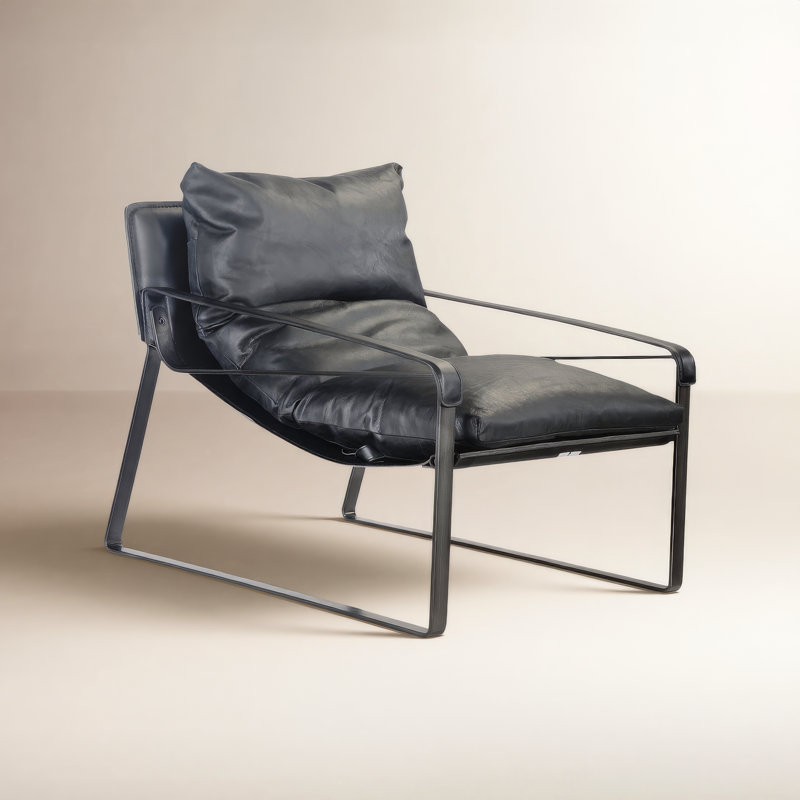 30.75" W Genuine Top Grain Leather Lounge Chair, Black Genuine Leather