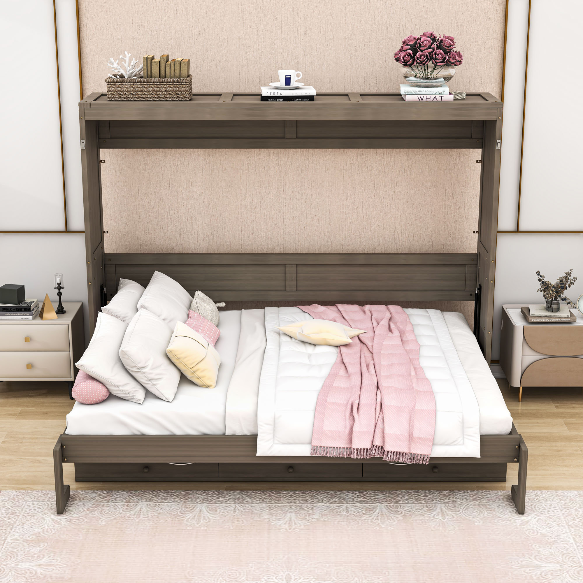 QYUF Wood Murphy Bed with Built-in Vanity Desk and 2 Drawers | Wayfair