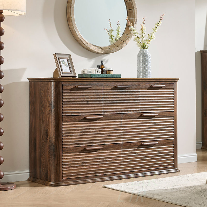 Fluted 7 Drawer Dresser, 52 Inch Wide Modern Wood Chest With Curved Profile, Ideal For Bedroom And Living Room Storage, TV Stand