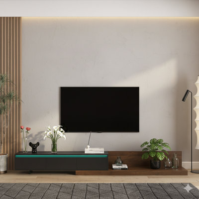 Meuble télé moderne avec éclairage à DEL, un centre de divertissement en bois, un bureau avec meuble télé et meuble multimédia avec rangement pour le salon ou la chambre à coucher.
