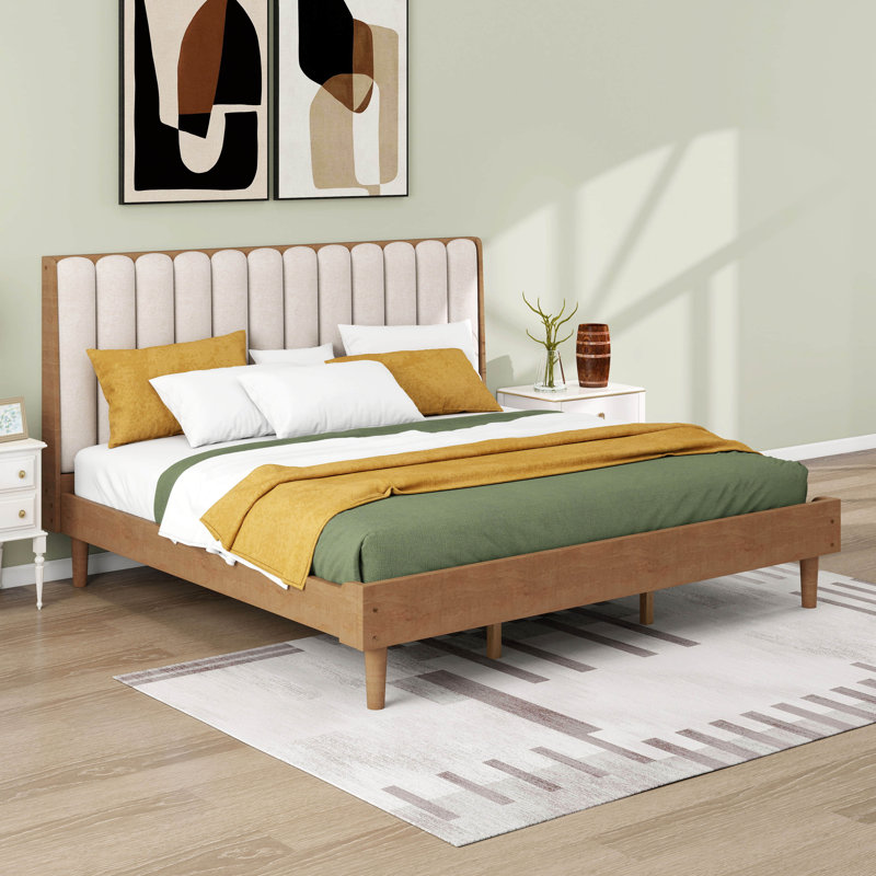 King Size Piano Key Design Upholstered Bed Frame With 4 Strong Legs, Wood Construction With Quiet, No-Squeak Support, King