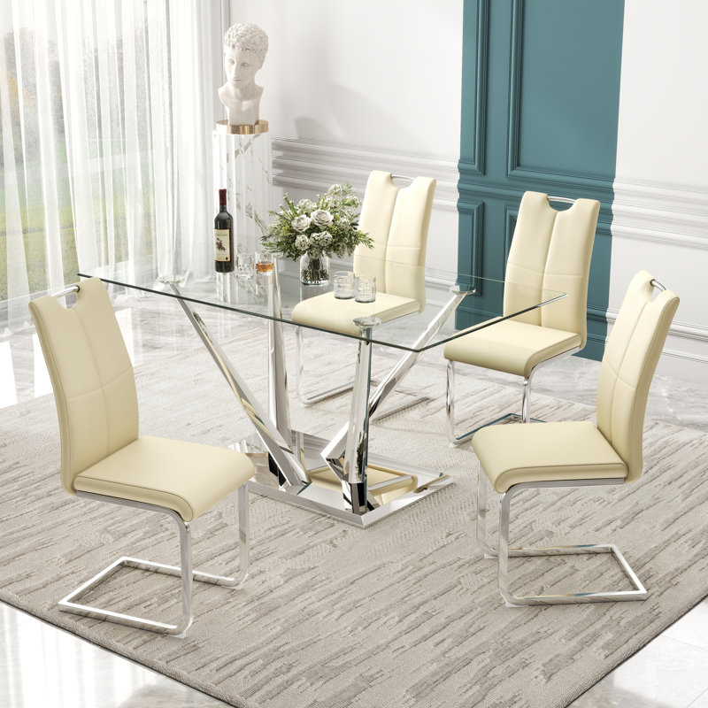 Rectangle Tempered Glass Pedestal Dining Set, 5, Yellow, Silver