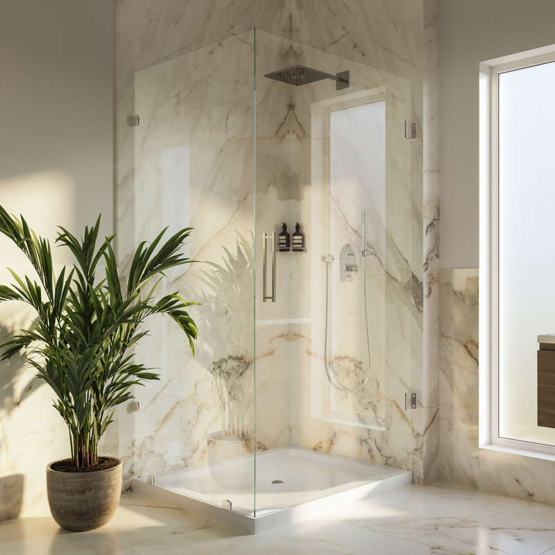 Receveur de douche d'angle droit Voltaire 60 po x 32 po à double seuil avec bonde centrale, blanc brillant