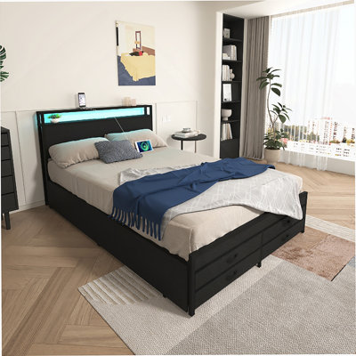 Queen Size Bed Frame With 8 Storage Drawers, LED Headboard With Charging Station, Metal Platform Bed Frame, No Box Spring Needed, Noise-Free, Stable And Solid, BLACK
