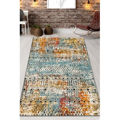 Tapis bleu / jaune / blanc en polyester tissé à la machine Burnhill