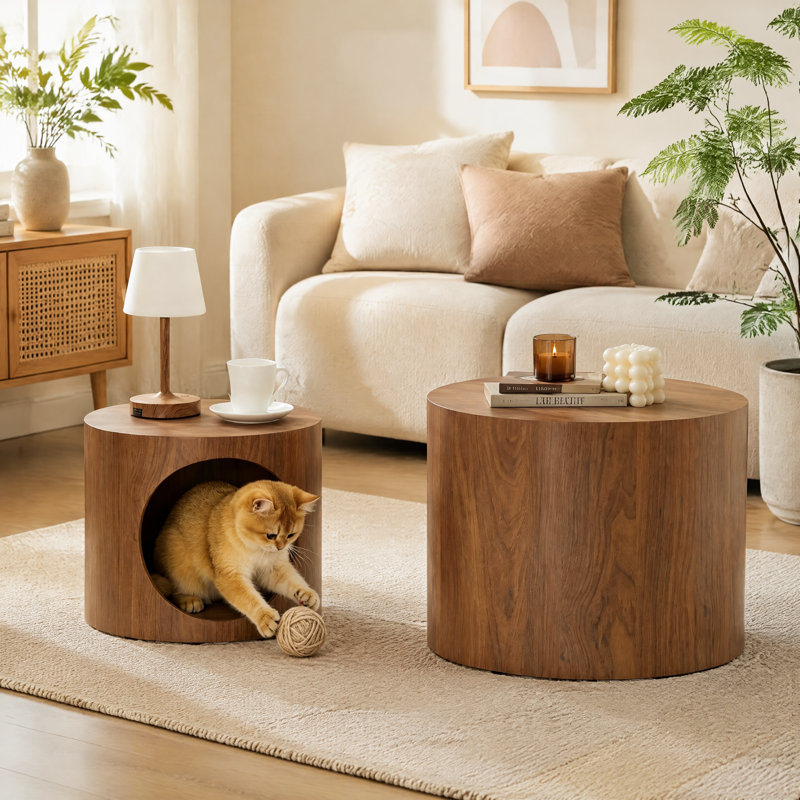 Ensemble de 2 tables basses gigognes rondes, tabouret gigogne en forme de nid pour chat, table d'appoint multifonction pour salon, aucun assemblage requis