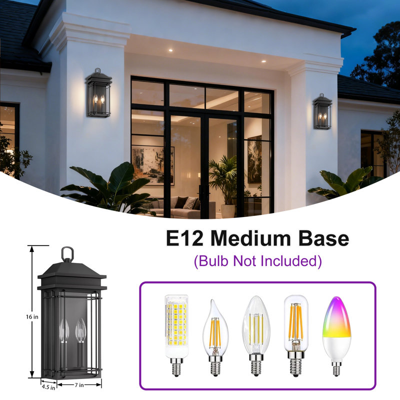 2 - Light 16''H Black Iron Tempered Glass Outdoor Wall Light with Dusk to Dawn, 15.98" H x 7.09" W x 4.53" D