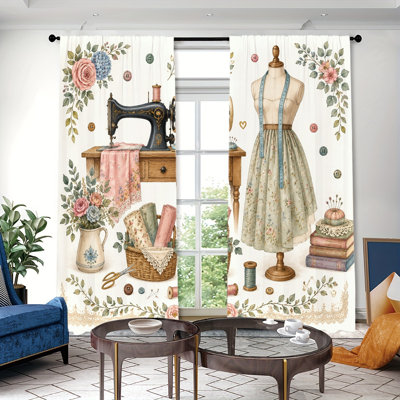 2Pcs Vintage Sewing Machine Pattern Light Filtering Curtains, Retro Floral Embroidery Button Craft Room Printed Window Drapes, Rod‑pocket Style, Suitable for Living Room, Bedroom, Dining Room, Study Room, Aesthetic Home Decoration