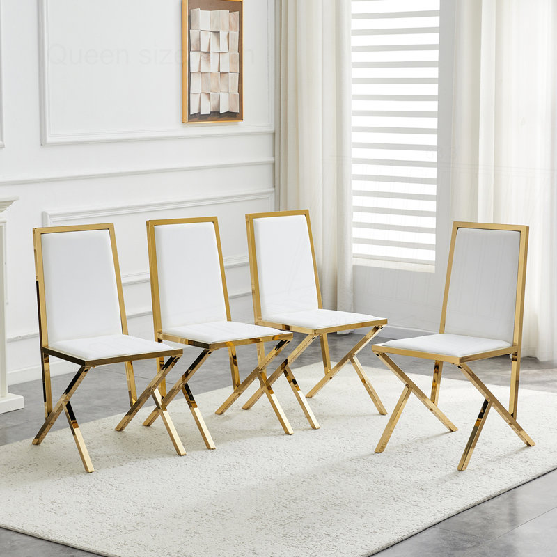 4-Pack Metal Framed PU Dining Chairs, 4, White, Gold
