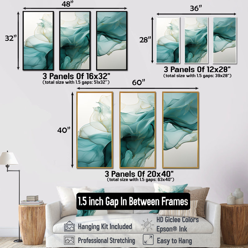 «Green and Grey», art mural abstrait à l'encre liquide II, H 28 po x l 36 po x P 1 po, Cadre flottant noir