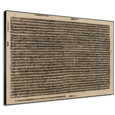 Impression sur tissu grand format - Motif abstrait linéaire beige et noir vintage dessiné à la main pour salon ou chambre - « Assemblage du cadre requis (cadre non fini) »