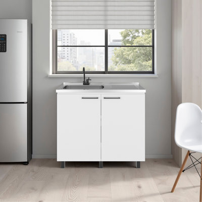 Évier utilitaire doré avec 2 portes et 3 tablettes, blanc