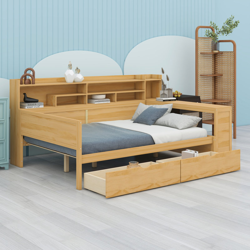 Wooden Daybed With Storage Shelves,Two Storage Drawers And Study Desk, Natural