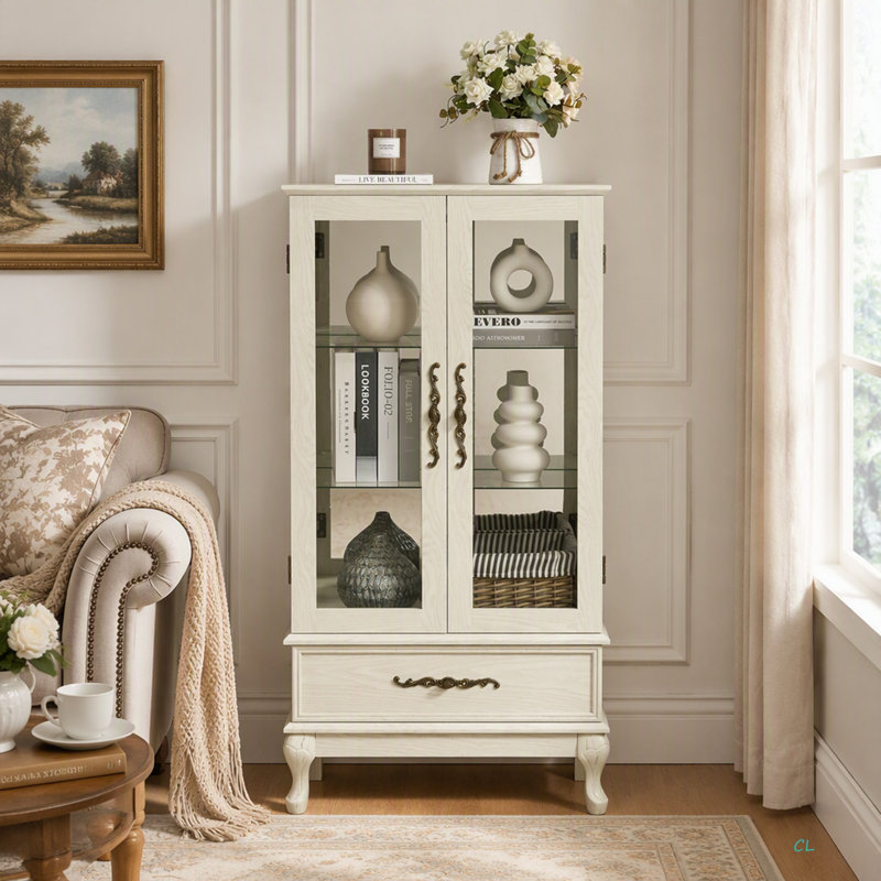 Armoire vitrine vitrée avec tablettes réglables en verre 2 portes et 1 tiroir armoire avec ampoule incluse, Blanc antique