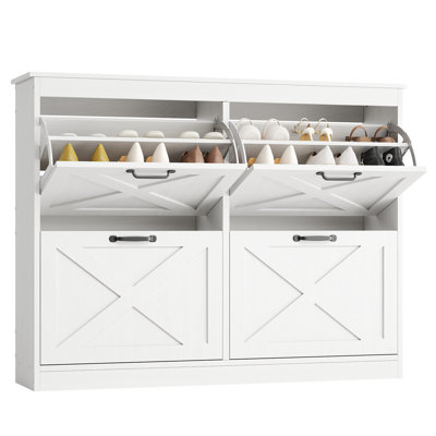 41" Wide Entryway Shoe Storage Cabinet with 4 Flip Drawers, Narrow Freestanding Wooden Organizer Shoes Rack for Hallway, Foyer, Mudroom, White