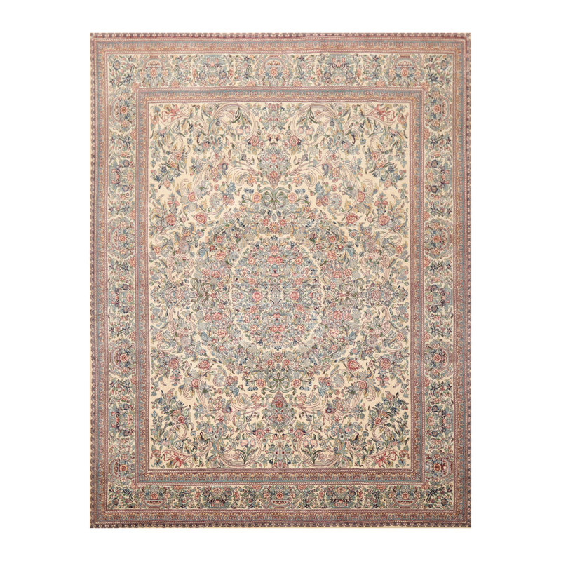 Tapis unique ivoire / vert / brun en laine noué à la main de conception unique 8 pi x 9 pi 11 po