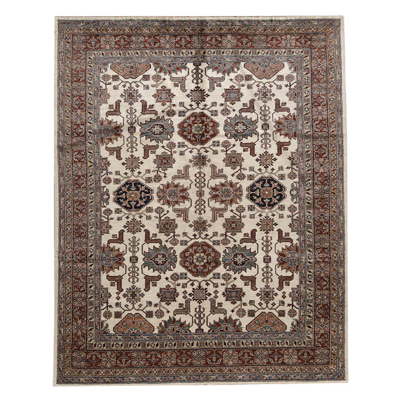 Tapis rouge / beige / brun en laine noué à la main de conception unique 8 pi 1 po x 10 pi 1 po