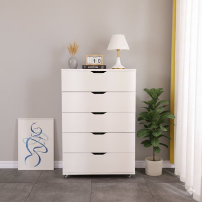 White Five-Drawer Dresser With Casters – Modern Mobile Storage Cabinet.