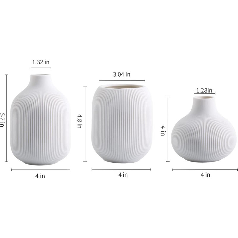 Set Of 3 White Ceramic Ribbed Vases