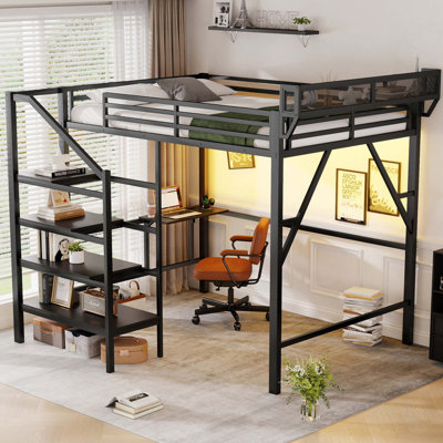 Grand lit mezzanine avec bureau pliable et station de charge intégrée