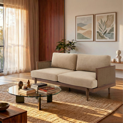 EMIR 72" Square Arm 3-Seater Velvet Sofa with Cane Rattan and Wooden Frame,Nomad