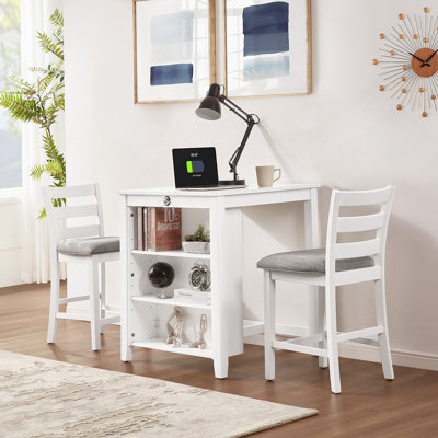 Modern Dining Table Set for 2 with Charging Station & 3-Tier Adjustable Storage | Space-Saving Kitchen Set with Upholstered Chairs for Small Spaces, Apartment