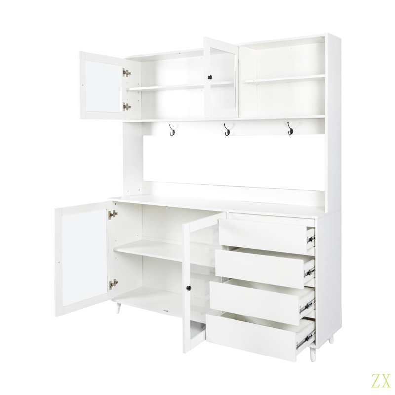 Grande armoire huche de cuisine l 63 po, armoire de rangement autoportante avec 4 portes, 4 tiroirs et tablette à micro-ondes