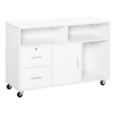 Home Office Printer Stand Cabinet - White Mobile Organizer With 2 Locking Breaks, Drawer, And 3 Shelves For Keeping Supplies Neat Caster Wheels, Storing Magazines Files