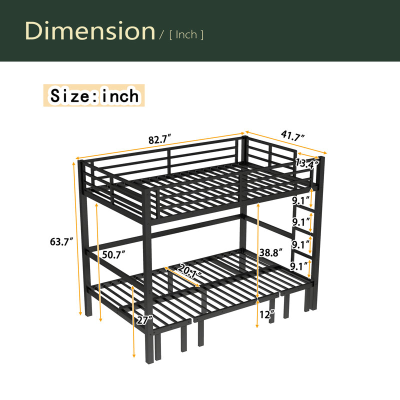 Twin XL Over Twin XL Size Pull-Out Metal Bunk Bed, Lower Bunk Can Be Pulled Out In Three Sections, Top Bunk Equipped With Safety Rails