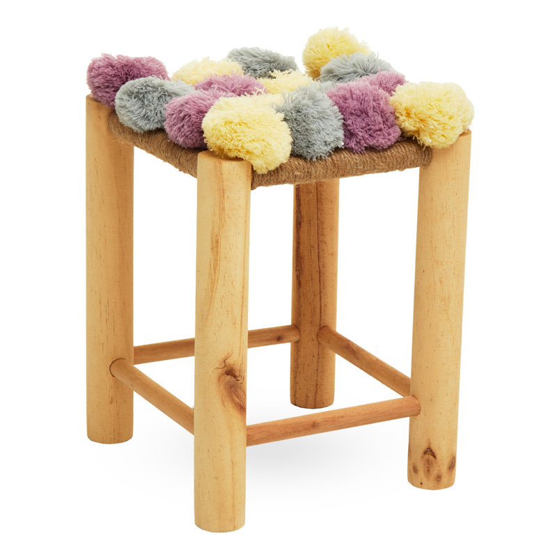 Carentan Solid Wood Accent Stool, Grey/Beige/Pink